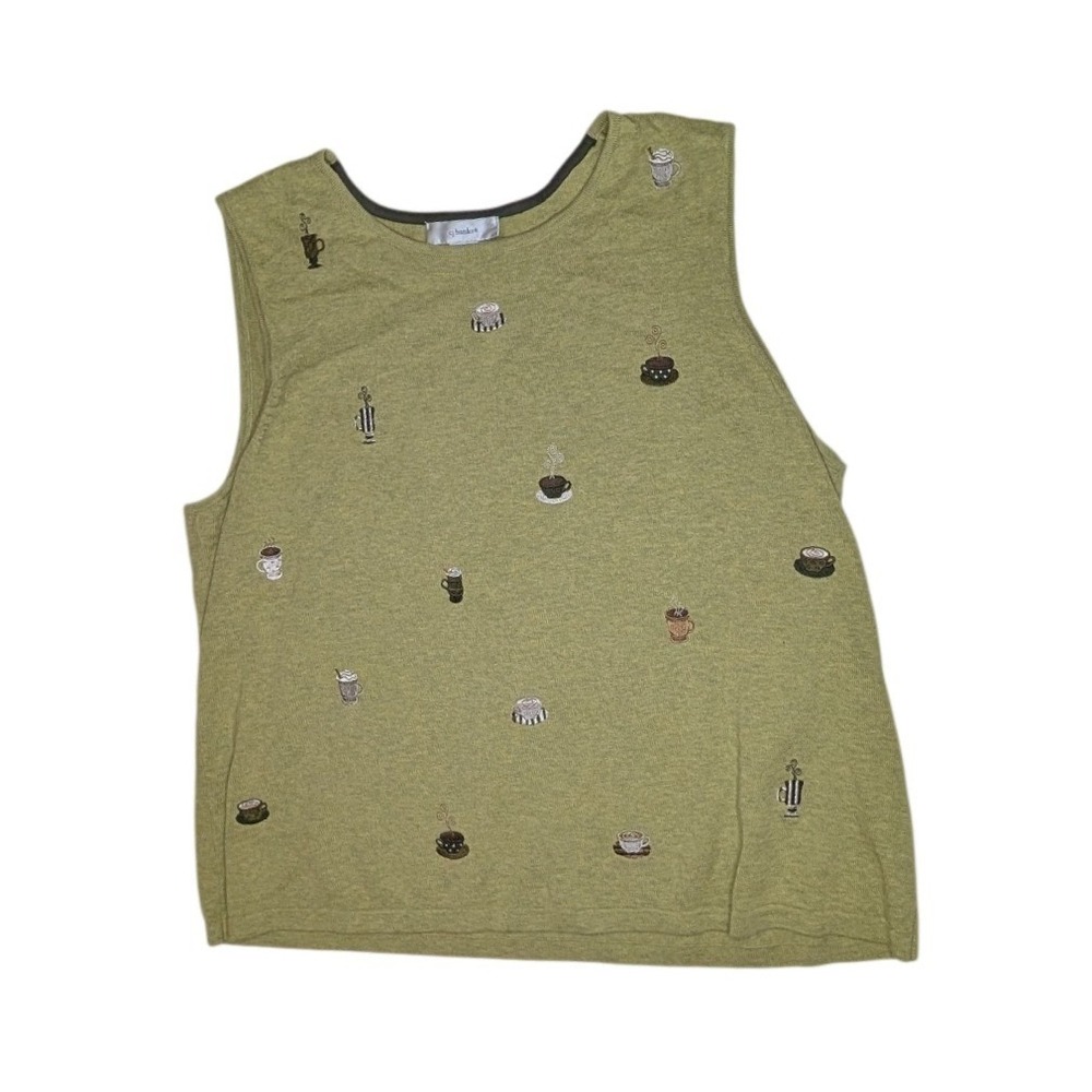 CJ Banks Tank Womens 1X Green Embroidered Coffee Tea Scoop Neck Cotton Shell